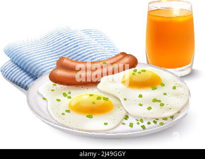 Das Frühstück war realistisch mit Orangensaft und Spiegeleiern Vektorgrafik Wurst und Serviette Stock Vektor