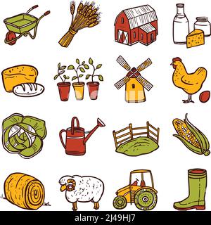 Handgezeichnete dekorative Landwirtschaft Ikonen mit Windmühle Traktor Schubkarre gesetzt Isolierte Vektordarstellung Stock Vektor