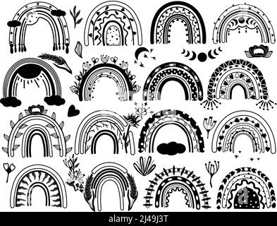 Set aus Boho-Regenbögen mit Herzen, Blumen, Sonne, Wolken, Regen. Schwarz-weiße böhmische Regenbögen. Skandinavischer Stil. Trendige Illustration. Vektor. Stock Vektor