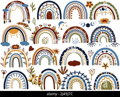 Set aus Boho-Regenbögen mit Herzen, Blumen, Sonne, Wolken, Regen. Böhmische Regenbögen. Skandinavischer Stil. Trendige Illustration. Vektor. Stock Vektor