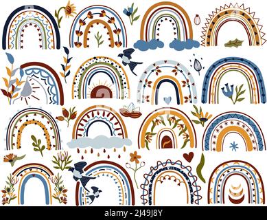 Baby Boho Regenbogen mit Herzen, Blumen, Sonnenblume, Sonne, Wolken, Regen. Pastellfarbene böhmische Regenbögen. Skandinavischer Stil. Trendige Illustration. Vektor. Stock Vektor