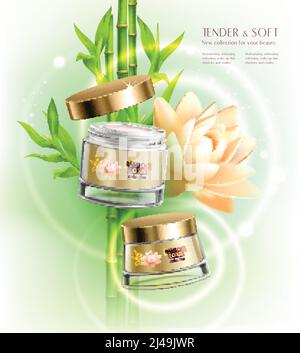 Kosmetik Werbung Haut Erweichung Creme Glas Topf Behälter realistische Zusammensetzung Mit Lotus Blume Bambus Stiele Vektor-Illustration Stock Vektor