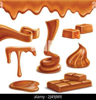 Karamell Toffee geschmolzen horizontale Grenze Tropfen Pfützen appetitlich Spiral Figuren Bonbons Bar Süßigkeiten realistische Set Vektor Illustration Stock Vektor