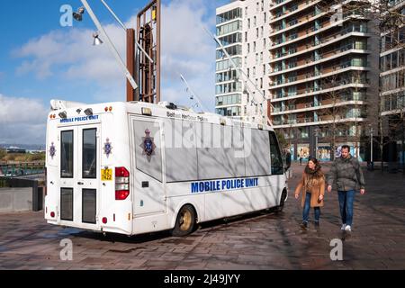 Mobile Police Unit der Belfast Harbour Police. In der Nähe der Belfast Marina im Titanic Quarter. Stockfoto