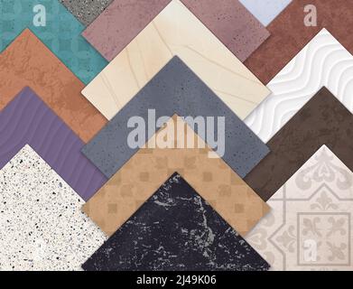 Farbige realistische Keramik Bodenfliesen horizontal mit Quadraten von gesetzt Verschiedene Arten und Stile von Fliesen Vektor-Illustration Stock Vektor