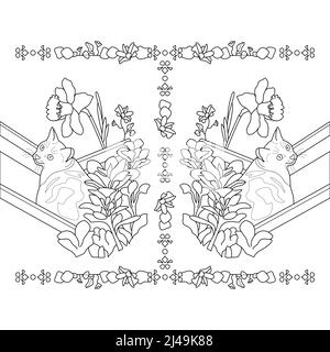 Malseite und nahtloses Muster. Niedliche Katze im Liegestuhl mit hübschen Blumen. Vektorgrafik. Stock Vektor