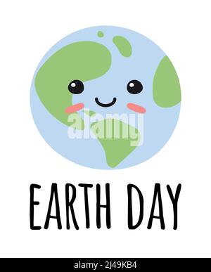 Vektor Hand gezeichnet flachen Planeten Erde mit Gesicht und Erde Tag Schriftzug isoliert auf weißem Hintergrund Stock Vektor
