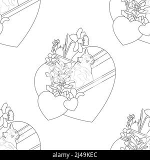 Nahtloses Muster. Niedliche Katze im Liegestuhl in einer Herzform mit hübschen Blumen. Transparenter Hintergrund. Vektorgrafik. Stock Vektor