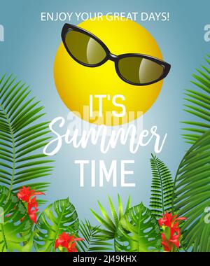 Es ist Sommer Zeit Schriftzug mit Sonne in Sonnenbrille. Sommerangebot im Design. Handgeschriebener und getippte Text, Kalligraphie. Für Broschüren, Broschüren, Einladungen Stock Vektor