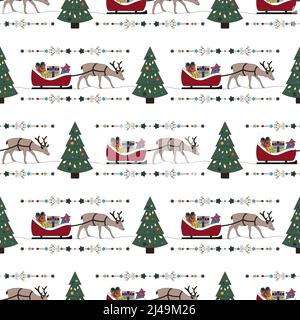 Weihnachtliches Nahtmuster. Rentier und sein Schlitten voller Geschenke. Weihnachtsbaum. Transparenter Hintergrund. Vektorgrafik. Stock Vektor