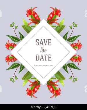 Speichern Sie die Datumsvorlage mit rotem Gladiolus auf grauem Hintergrund. Handgeschriebener Text, Kalligraphie. Konzept für Hochzeit oder Valentinstag. Kann für verwendet werden Stock Vektor