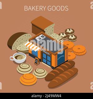Bäckerei Brot Produktion isometrische Zusammensetzung mit Bildern von fertigen Produkten Und Marketing-Gebäude mit Text-Vektor-Illustration Stock Vektor