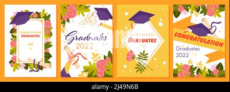 Herzlichen Glückwunsch, Absolventen 2022 Schriftzug in Grußkarten-Set, Diplom und Blumen Stock Vektor