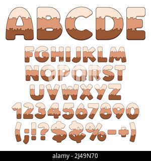 Alphabet, Buchstaben, Zahlen und Zeichen aus Schichten von Schokolade, Milch, Kaffeekuchen. Isolierte Vektorobjekte auf weißem Hintergrund. Stock Vektor