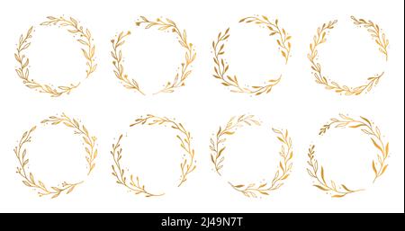 Goldrahmen, eleganter Kranz, runde Bordüre. Handgezeichneter Doodle-Sketch-Stil. Floraler Kreisrahmen, florales Design-Element für Hochzeit, Grußkarte. Vektorgrafik. Stock Vektor
