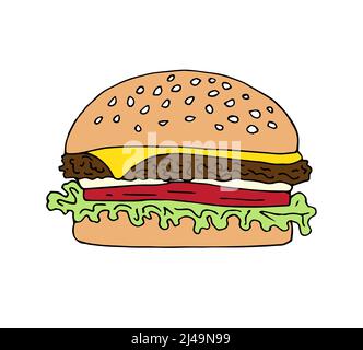 Vektor Hand gezeichnete Doodle Skizze farbigen Käse Burger isoliert auf weißem Hintergrund Stock Vektor