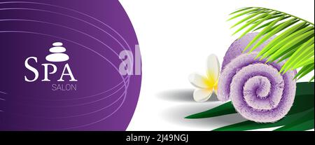 Spa Salon Promotion Banner Design mit Palmblatt, tropische Blume und lila Rolltuch auf weißem und violettem Hintergrund. Text kann für Broschüren verwendet werden Stock Vektor