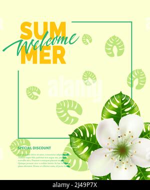 Sommer, Willkommensschrift im Rahmen mit Blume. Sommerangebot oder Verkauf Werbedesign. Handgeschriebener und getippte Text, Kalligraphie. Für Broschüren, brochu Stock Vektor