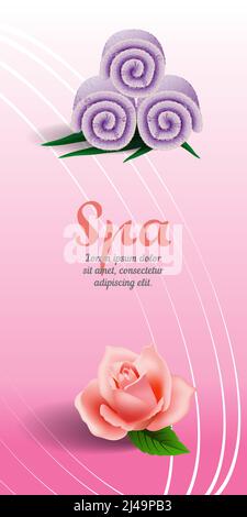 Spa vertikales Bannerdesign mit rosafarbenem und fliederfarbenem Rolltuch auf rosa Hintergrund. Der Text kann für Broschüren, Flyer, Broschüren, Poster verwendet werden Stock Vektor
