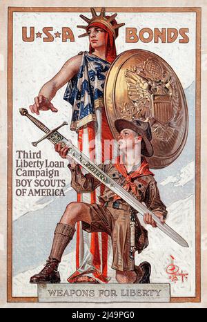 Posterdesign von JC Leyendecker - Weapons for Liberty (1918) USA Bonds, Liberty Loan Campaign. Junge Pfadfinder von Amerika. Stockfoto