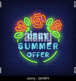 Bestes Sommerangebot Zeichen im Neon-Stil. Vektor-Illustration mit blauem Text in grünem runden Rahmen und roten Blumen. Vorlage für Nacht helle Banner, Rechnung Stock Vektor