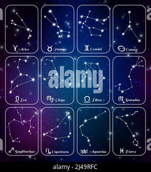 Astrologie Horoskop Sternzeichen Sterne Sternbilder 12 Mini Banner Karten Dunkelblaue Hintergrunddarstellung für isolierte Vektorgrafik festlegen Stock Vektor