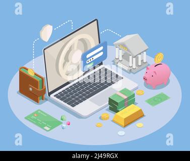 Banking finanzielle isometrische Zusammensetzung mit Bildern von Laptop-Computer-Symbole Von noch Banketui und Geld Vektor Illustration Stock Vektor