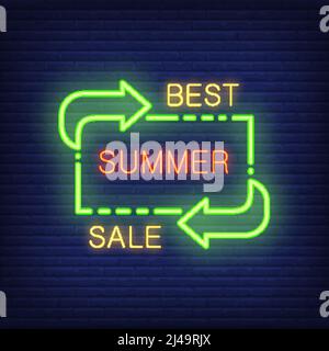 Bester Sommerverkauf Schriftzug im Neon-Stil. Vektordarstellung mit leuchtendem Text und grünen Richtungspfeilen. Nacht helle Vorlage für Banner, Billboa Stock Vektor