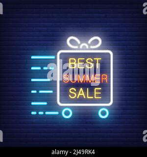 Bester Sommerverkauf Neon-Schild. Leuchtender Text im Rahmen, Geschenkbox auf Rädern in Bewegung. Nächtliche Werbung. Vektor-Illustration im Neon-Stil für Billb Stock Vektor