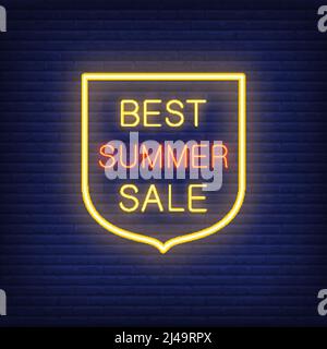 Schild mit dem besten Sommerangebot. Vektor-Illustration im Neon-Stil mit leuchtendem Text in einem schildförmigen gelben Rahmen. Vorlage für Nacht helle Banner, Plakatwand Stock Vektor