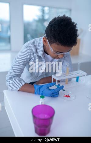 Ein dunkelhaariger Junge in einem Labormantel, der während eines chemischen Experiments beschäftigt aussieht Stockfoto