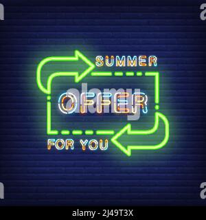 Sommer-Angebot für dich Schriftzug im Neon-Stil. Vektorgrafik mit bunt leuchtendem Text und grünen Richtungspfeilen. Nachtlichtvorlage für Ban Stock Vektor