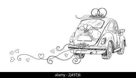 Hochzeitsauto mit Bändern und Blumen im Skizzenstil. Hochzeit Illustration für Einladungen und Karten, Brautpaar. Vektordarstellung auf weißem Hintergrund isoliert Stock Vektor