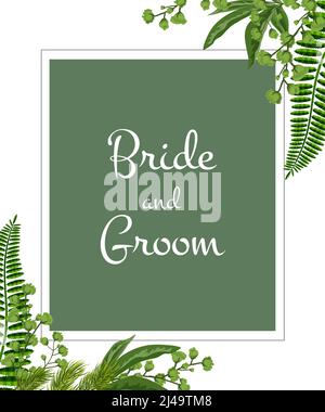 Hochzeitseinladung. Schriftzug für Braut und Bräutigam im Rahmen mit Grün auf weißem Hintergrund. Party, Event, Feier. Handgeschriebener Text, Kalligraphie. Ca Stock Vektor