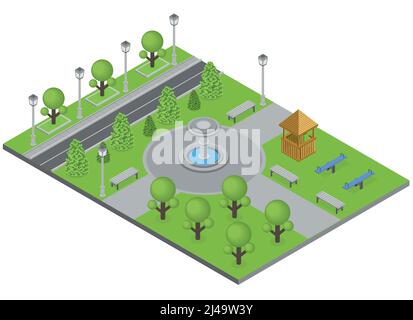 Stadtpark mit Bäumen Brunnen und Sportplatz isometrischen Vektor Abbildung Stock Vektor