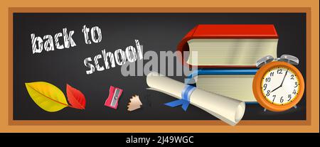 Bannerdesign mit Büchern, Schriftrolle mit blauem Band, Wecker und Tafel. Text kann für Schilder, Broschüren, Poster verwendet werden Stock Vektor