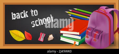 Bannerdesign mit Bleistiften, Rucksack, Schreibbüchern, Spitzer und Kreidetafel. Text kann für Schilder, Broschüren, Poster verwendet werden Stock Vektor