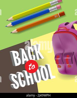 Back to School Poster Design mit Rucksack und Bleistiften auf grünem, gelbem und schwarzem Hintergrund. Text kann für Schilder, Broschüren, Banner verwendet werden Stock Vektor