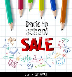 Zurück in die Schule, Verkauf Schriftzug mit Farbstiften. Angebot oder Verkauf Werbedesign. Getippte Texte, Kalligraphie. Für Prospekte, Broschüren, Einladungen, po Stock Vektor