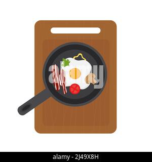 Spiegelei in einer Pfanne mit Gemüse auf einem Schneidebrett Stock Vektor