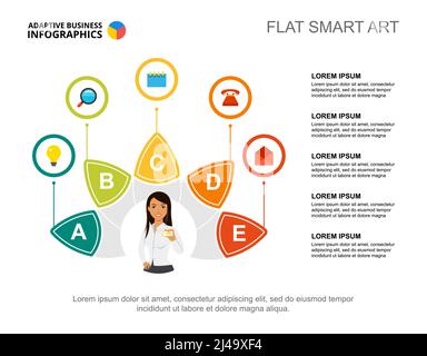 Vorlage für fünf Punkte Prozessdiagramm zur Präsentation. Visualisierung von Geschäftsdaten. Planen, Strategie, Training oder Marketing Kreativkonzept für Infografen Stock Vektor