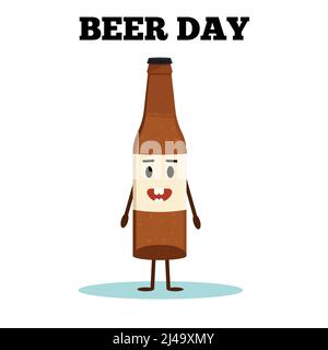 National Beer Day. Lustige Flasche Bier. Flache Vektorgrafik Stock Vektor