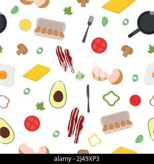 Frühstück nahtlos Muster. Eier, Avocado, Speck, Pfeffer, Sauce, Käse Stock Vektor