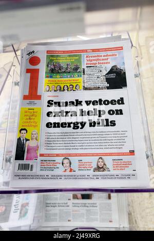 auf der Titelseite der i-Zeitung, Rishi 'Sunak, wurde ein Veto gegen zusätzliche Hilfe bei Energierechnungen eingelegt London, Großbritannien, 8. April 2022 Stockfoto