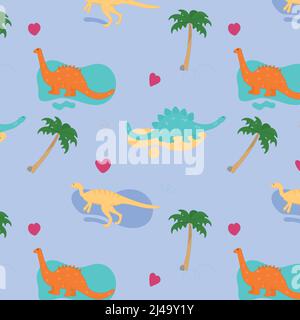 Nahtloses Vektor-Muster für Dinosaurier. Dinosaurier mit Palme Stock Vektor