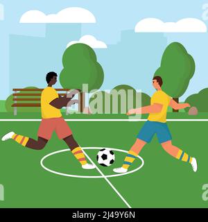 Menschen, die im Hinterhof Fußball spielen. Fußball Stock Vektor