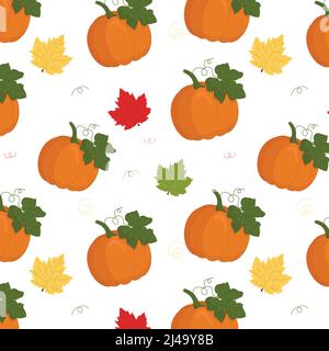 Kürbis nahtloses Vektor-Muster. Kürbis mit Ahornblättern Stock Vektor