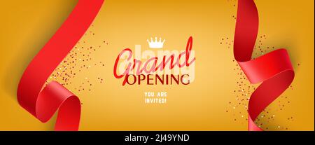 Große Eröffnung Einladung Design mit Konfetti, roten Bändern und Krone. Festliche Vorlage kann für Banner, Flyer, Poster verwendet werden. Stock Vektor