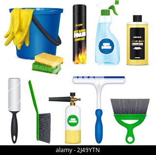 Auto selbst-Waschkit Zubehör realistische Set mit Walzenreiniger Rakel Seifeneimer Schaum isoliert Vektor-Illustration Stock Vektor