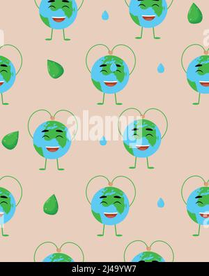 Nahtloses Muster „Happy Earth Day“. Erde mit einem lustigen Gesicht. Flache Vektorgrafik Stock Vektor